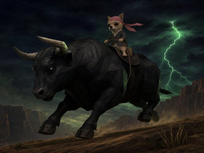 A digital artwork depicts a chihuahua wearing a pink bandana and riding gear atop a charging black bull, set against a stormy sky with a striking green lightning bolt.