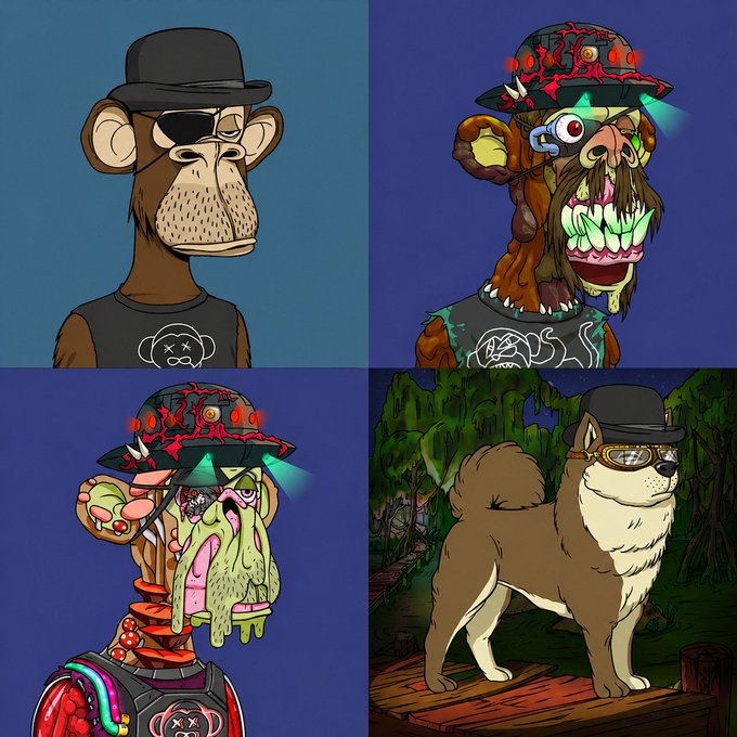 The image features four cartoon characters, each with a unique appearance and pose, set against a blue background. They are arranged in two rows of two, creating an interesting visual effect. The first row includes a monkey wearing a hat and sunglasses, while the second row has a dog standing on its hind legs. These characters appear to be part of a collection or series, possibly related to the "gm Bored Ape Yacht Club" post.