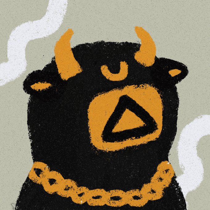 A textured illustration of a black bull-like creature with orange accents, featuring horns, a glowing orange triangle on its forehead, and a thick chain necklace, set against a muted gray background with white smoke wisps.