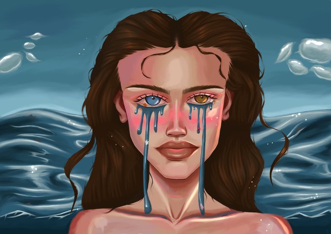 A digital illustration of a woman with heterochromia (one blue eye, one brown eye) crying blue tears while standing in water.