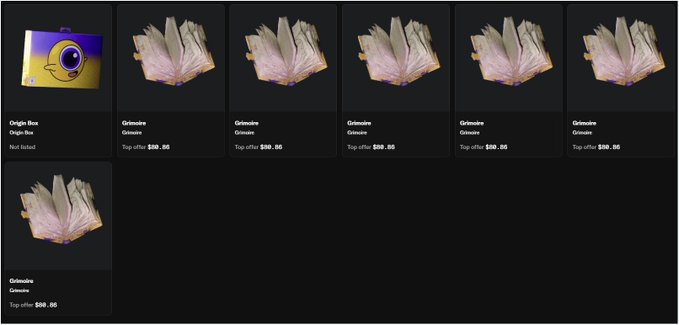 A digital marketplace showing multiple listings of a 'Grimoire' NFT by 'Origin:flux', with most items 'Not listed' and others priced at a top offer of $80.00.