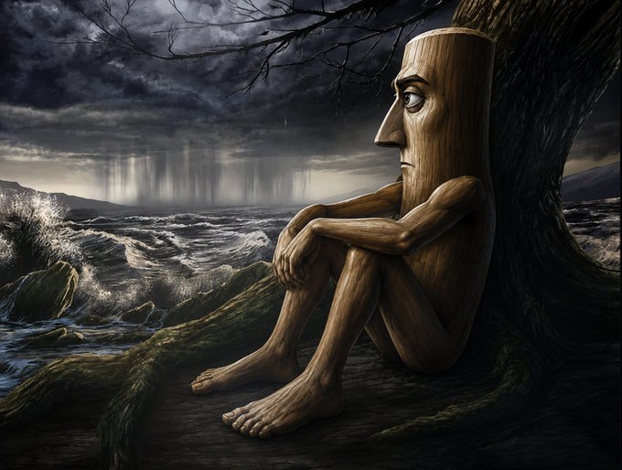 A melancholic wooden humanoid figure sits dejectedly at the base of a barren tree, staring out at a stormy, turbulent sea under a dark, ominous sky—visually echoing the somber, regretful mood of missing out on a pump, as if the figure embodies the regret of not "sizing the meme" that could have brought a comeback.