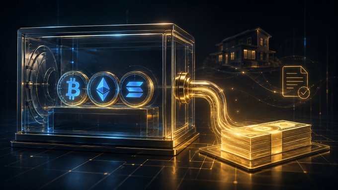 A digital artwork depicting cryptocurrency symbols (Bitcoin, Ethereum, Solana) inside a glowing glass vault with gold flowing out into stacked gold bars.