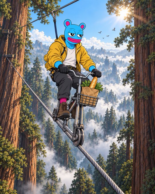 A digital illustration of a blue bear character in a yellow jacket riding a bicycle on a tightrope between giant redwood trees, carrying a baguette in the basket.