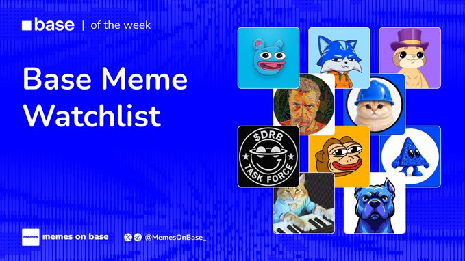 A blue promotional graphic titled 'Base Meme Watchlist' from 'memes on base' (@MemesOnBase_), featuring a collage of various meme avatars including Pepe, Sonic, Doge, Cats, Apes, and other NFT character icons.