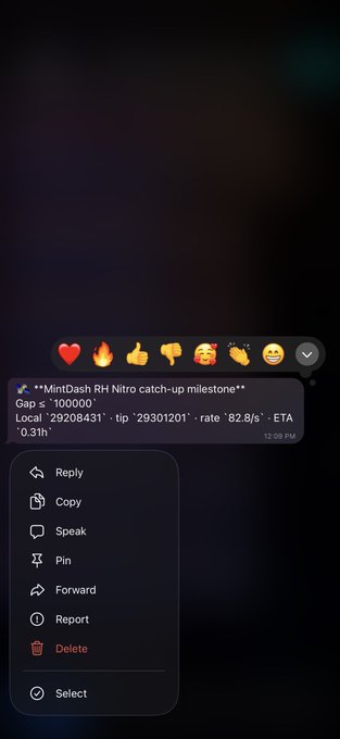 A Discord screenshot shows a message in the "MintDash RH Nitro catch-up milestone** channel celebrating "Gap ≤ '100000'" with a local timestamp of '29208431', tip '29301201', and rate "82.8/s · ETA '0.31h'" at 12:09 PM, paired with the caption "🫩 Almost there"—suggesting the user is close to hitting the 100,000 score milestone on the RH Nitro catch-up leaderboard, with an estimated 18 minutes remaining.