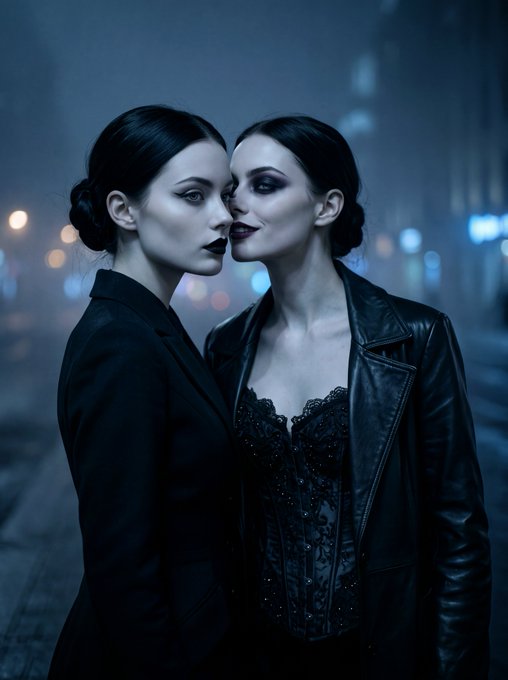 Cinematic portrait of two pale, dark-haired women in black attire, one in a blazer and the other in a leather jacket with lace detailing, standing closely together in a foggy, dimly lit urban setting.
