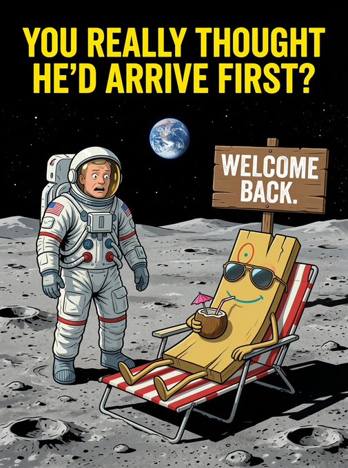 A cartoon meme shows a surprised astronaut arriving on the moon to find a wooden plank character relaxing in a beach chair with a coconut drink, holding a sign that reads 'WELCOME BACK,' under the text 'YOU REALLY THOUGHT HE'D ARRIVE FIRST?'