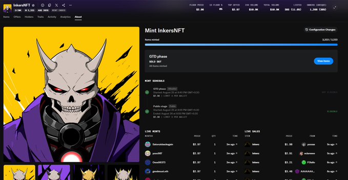 A screenshot of the InkOnInk NFT collection page shows the GTD phase sold out after 32 minted items, with 3,303 of 3,333 total items minted, aligning with the post’s note that the drop sold out during the GTD phase.