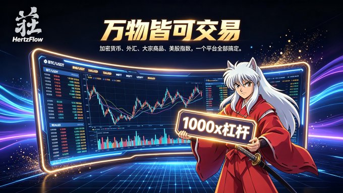 An anime-style character in red robes holds a glowing "1000x杠杆" (1000x leverage) sign in front of a cryptocurrency trading dashboard, with the HertzFlow logo and Chinese text "万物皆可交易" (Everything can be traded) displayed above. The image visually reinforces the article's premise of HertzFlow as a high-leverage, all-in-one crypto and derivatives trading platform launching on BNB Chain before mainnet.