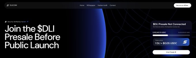 A website screenshot for 'DLICOM' advertising a '$DLI Presale Before Public Launch' with text indicating 'Security Verified by Hacken' and showing pricing details.