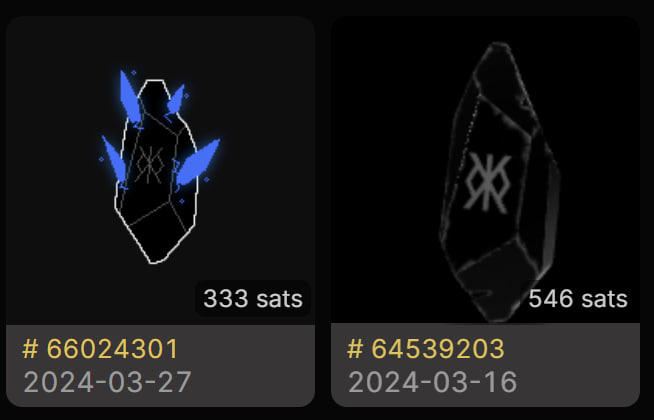 The image shows two different crystals, each with a unique design or symbol. The first crystal has blue wings and the second one features a black and white X. Both crystals are displayed side by side against a dark background, making them stand out prominently. The text in the image provides information about the crystals, such as their price and the number of holders who have received the airdrop.