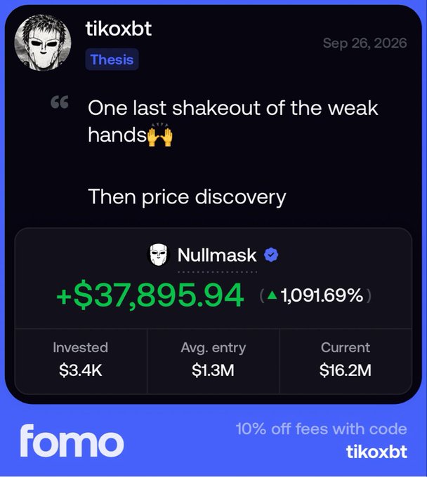 A social media post by "tikoxbt" dated Sep 26, 2026, declares "One last shakeout of the weak hands. Then price discovery," paired with impressive MASK portfolio stats showing a +$37,895.94 gain (+1,091.69%) from a $3.4K investment, reflecting the bullish sentiment expressed in the accompanying comment about bears adding more $MASK.