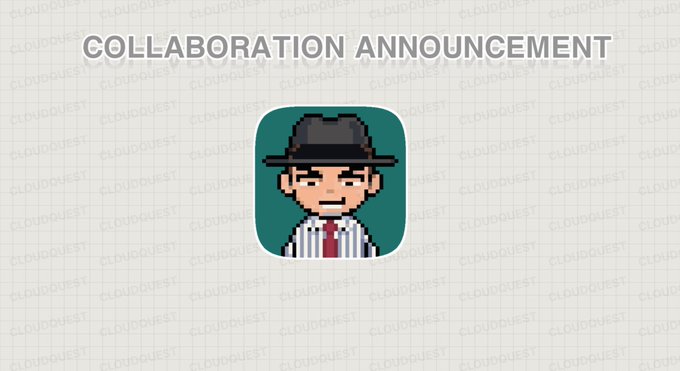 The image displays a "COLLABORATION ANNOUNCEMENT" header above a pixel-art icon of a character wearing a gray fedora, striped shirt, and red tie, representing the BoilerBrokers collaboration with Cloud Quest. The vintage detective/salesman aesthetic of the pixel character visually reflects the project's 1980s sales floor theme described in the accompanying post.