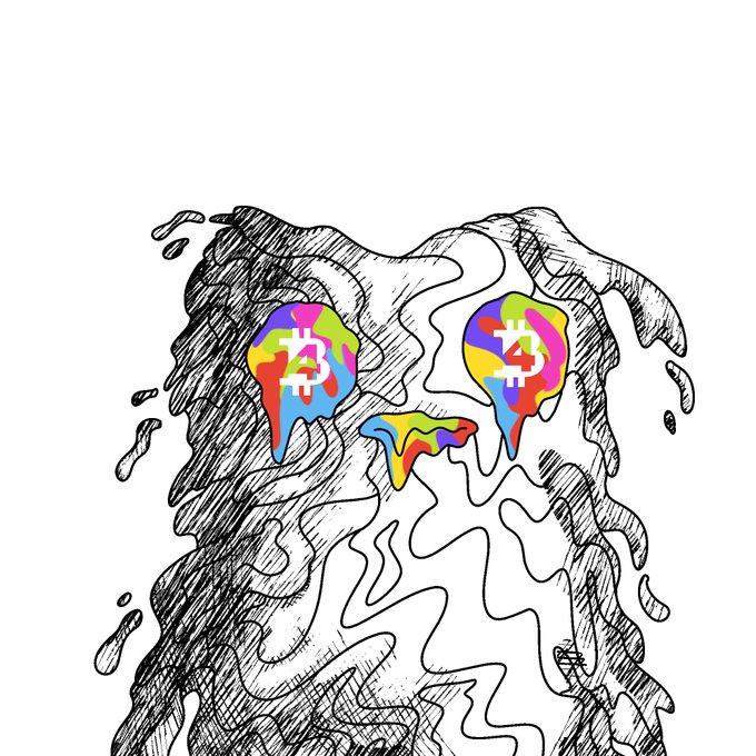 A sketch-style illustration features a melting figure with dripping, psychedelic-colored eyes and nose, where each eye displays the Bitcoin "₿" symbol and the number "3," relating to the crypto community's "gm" greeting by representing bullish optimism in the digital asset space.