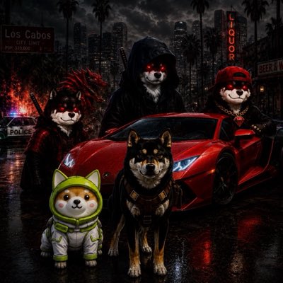 A dark, stylized artwork depicting anthropomorphic Shiba Inu dogs dressed as criminals, ninjas, and a Buzz Lightyear-style character posed with a red sports car against a nighttime city skyline.