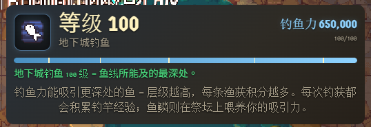 Chinese game interface showing '等级 100' (Level 100) for '地下城钓鱼' (Dungeon Fishing), indicating max fishing power of 650,000 at 100/100.