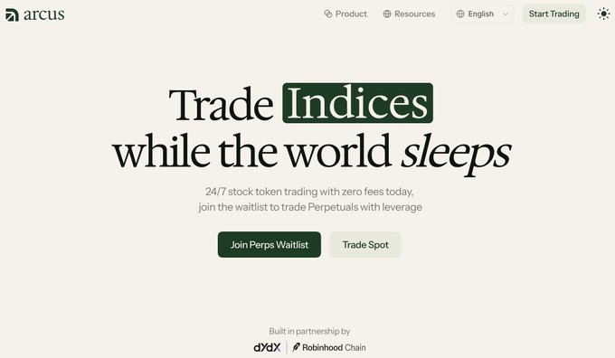 A screenshot of the Arcus website featuring the headline 'Trade Indices while the world sleeps' with 'Indices' highlighted in green, advertising 24/7 stock token trading with zero fees.