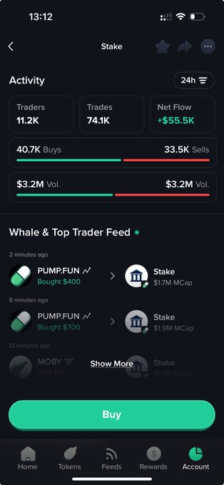 iphone screen displays trading data, including whale & top trader feed and pumpkins, with green and red bars representing volume.
