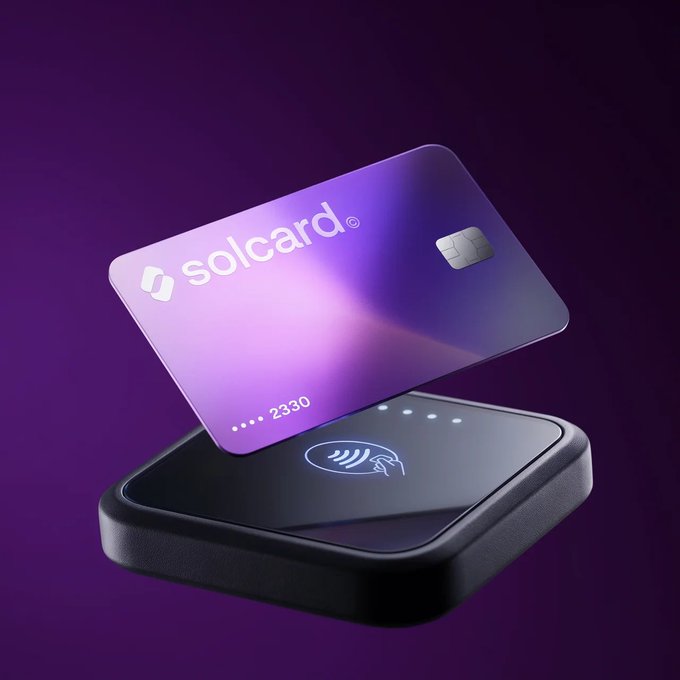 A 3D render of a purple metallic 'solcard.' credit card hovering above a black contactless payment terminal, set against a dark purple gradient background.