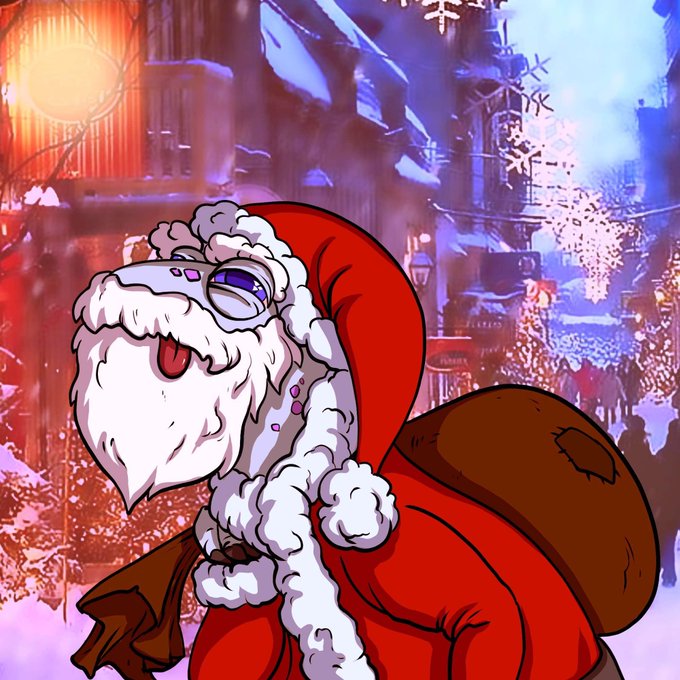 A digital illustration features a Santa Claus character with purple markings and sunglasses, carrying a sack against a snowy, illuminated winter town backdrop.