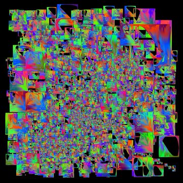 An abstract, psychedelic image composed of numerous small, colorful square fragments with distorted edges in vibrant blues, greens, reds, and yellows, appearing as a digital glitch or AI-generated artifact.