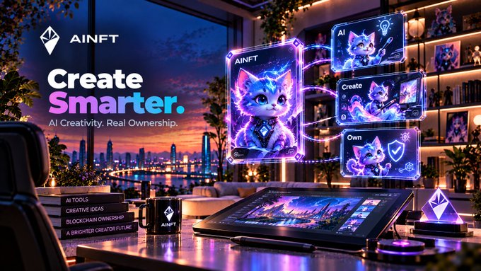 A promotional banner for AINFT with the tagline 'Create Smarter. AI Creativity. Real Ownership.' showing AI-generated purple cat artwork floating as holograms above a desk with a tablet displaying the same scene.