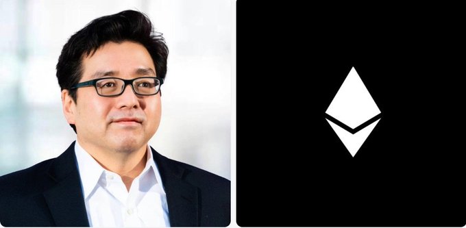 A side-by-side image features a portrait photo of a man wearing glasses and a suit on the left, and a white Ethereum (ETH) logo on a black background on the right.
