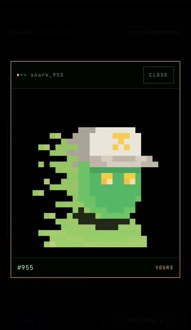 A pixel art character called 'snark_955' with green dissolving body and white cap displayed in a mobile game interface, labeled '#955' and 'YOURS'.