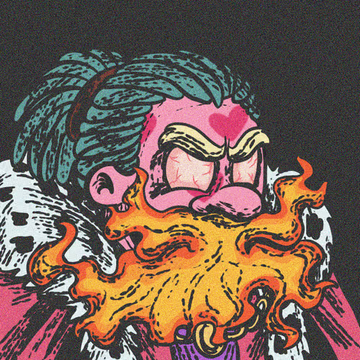 A colorful, stylized cartoon illustration of a figure with teal braided hair and a pink face with a heart on their forehead, wearing an animal-print collar, while their beard area erupts into bright orange and yellow flames.