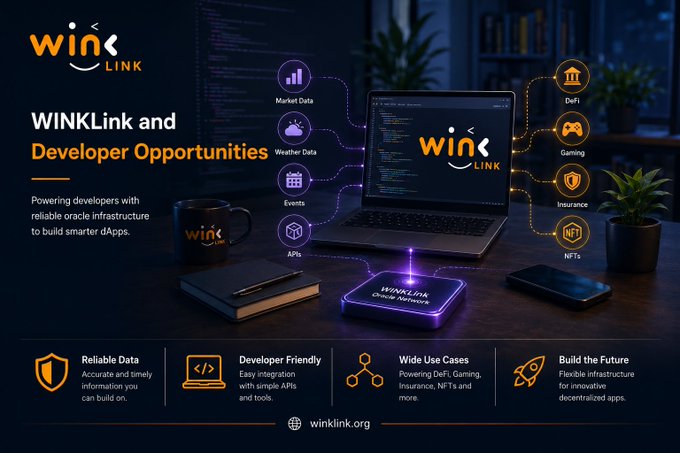 A promotional graphic for WINKLink titled 'WINKLink and Developer Opportunities,' featuring a laptop displaying the WINKLink logo surrounded by icons for Market Data, Weather Data, Events, APIs, DeFi, Gaming, Insurance, and NFTs, with the tagline 'Powering developers with reliable oracle infrastructure to build smarter dApps' and the URL winklink.org.