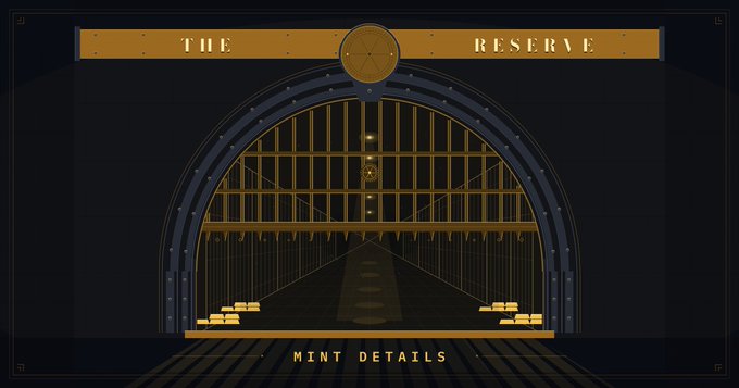 A vintage-style illustration of a bank vault door labeled 'THE RESERVE' with 'MINT DETAILS' written below, showing gold bars scattered on the floor.