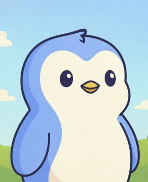 A cartoon-style blue and white penguin character with large eyes and an orange beak stands in front of a sunny outdoor background with blue sky, clouds, and green grass, representing the Pudgy Penguins NFT brand celebrating their newly announced partnership with Kong Fu Tea.
