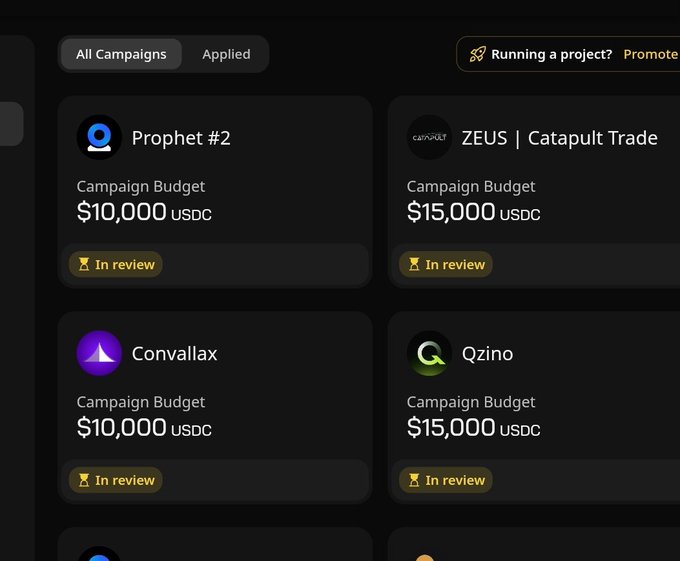 Dashboard showing campaigns awaiting review including Prophet #2 ($10,000 USDC), ZEUS | Catapult Trade ($15,000 USDC), Convallax ($10,000 USDC), and Qzino ($15,000 USDC), all marked 'In review'.