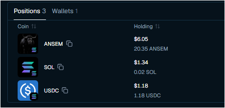 A cryptocurrency portfolio screen showing 3 positions including ANSEM ($6.05, 20.35 ANSEM), SOL ($1.34, 0.02 SOL), and USDC ($1.18, 1.18 USDC).