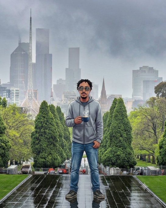 An illustrated image of a man wearing sunglasses and a gray hoodie holding a coffee cup, standing on a path with manicured trees and a foggy city skyline (including a tall broadcasting tower) behind him.