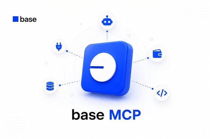 A promotional graphic for 'base MCP' featuring a blue central icon connected to surrounding technology-related symbols.