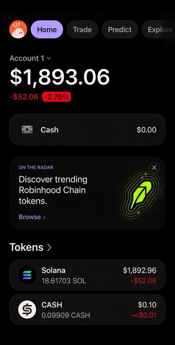 A Robinhood Crypto wallet home screen showing a total balance of $1,893.06 (down -$52.06/-2.75%), with the portfolio consisting almost entirely of 18.61703 SOL (Solana) valued at $1,892.96 and $0.10 in CASH. The image directly illustrates the post's claim of a "healthy" Solana portfolio, supporting the user's call for others to share their $SOL wallet addresses.