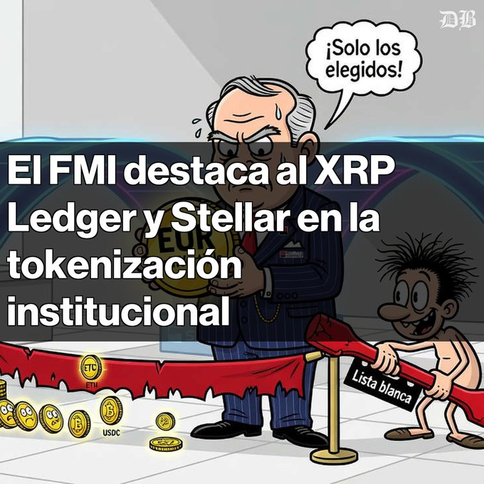 A Spanish-language cartoon showing an IMF official labeled 'EUR' with speech bubble '¡Solo los elegidos!' (Only the chosen!), with text 'El FMI destaca al XRP Ledger y Stellar en la tokenización institucional' and another character holding a 'Lista blanca' (Whitelist) sign, while other coins look on.