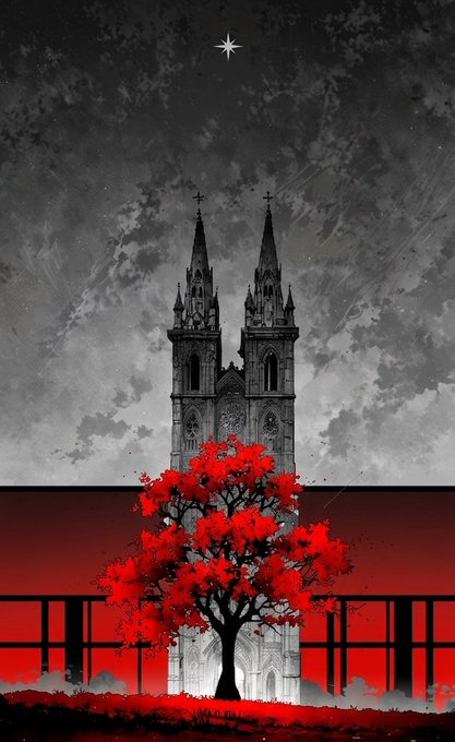 A striking gothic illustration of a gray cathedral with twin spires standing behind a vivid red-leafed tree against a dark, cloudy sky, separated by a horizontal line of deep red.