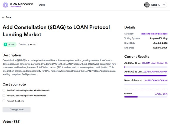 "The image shows a screenshot of a loan protocol document on a web page from XPR Network. It displays information such as the title, date, and details about the loan process."