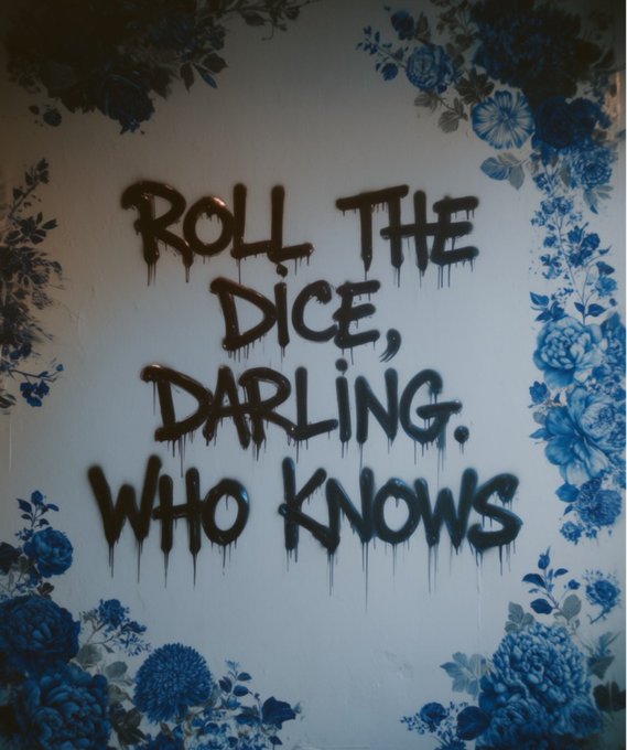 A graffiti-style mural features the text "Roll the dice, darling. Who knows" in dripping black paint, surrounded by a border of blue floral patterns on a white wall. The "Gm" post pairs with this artwork's message of embracing uncertainty and taking a chance on the day's possibilities.