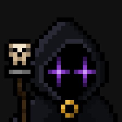 A pixel art character wearing a dark hooded cloak with purple cross-shaped eyes stands against a black background.