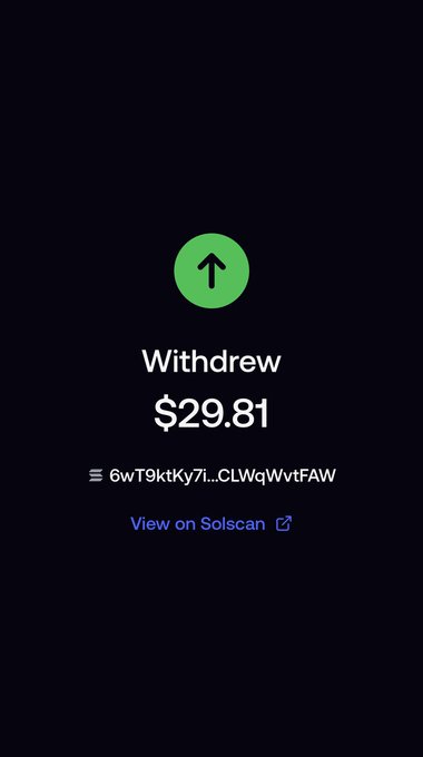 A dark-themed confirmation screen showing a green circular arrow icon with "Withdrew $29.81", a Solana address "6wT9ktKy7i...CLWqWvtFAW", and a "View on Solscan" link.
