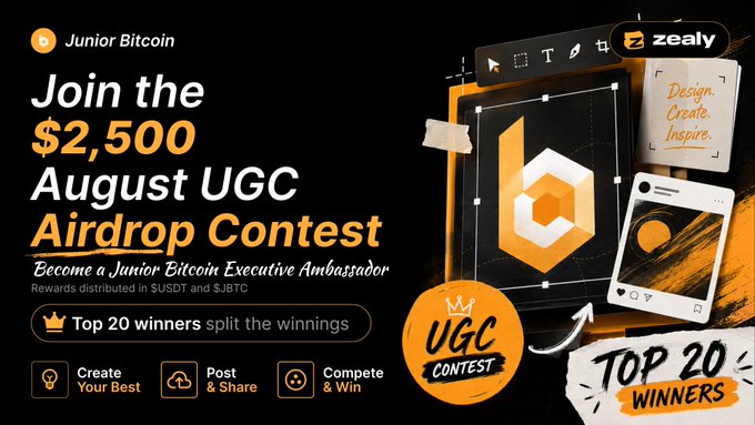 An advertisement for Junior Bitcoin's $2,500 August UGC Airdrop Contest on zealy, where the top 20 winners split the winnings paid in $USDT and $BTC.
