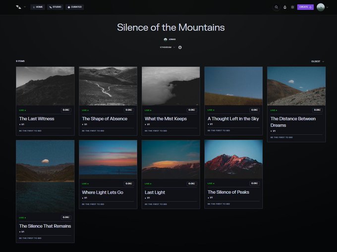 A dark-themed NFT collection gallery titled 'Silence of the Mountains' displaying items with mountain photography, titles like 'The Last Witness' and 'Where Light Lets Go', and prices in ETH.