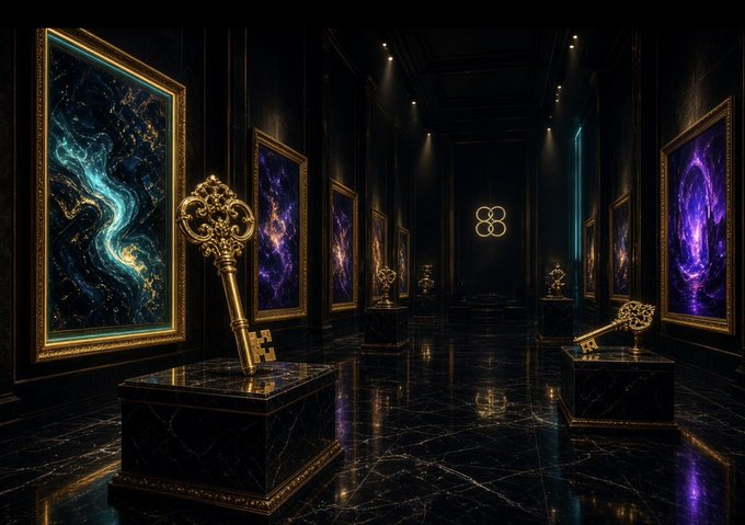 An opulent gallery hallway with black marble floors and walls, displaying large cosmic/nebula paintings in golden frames, with ornate golden keys displayed on pedestals.