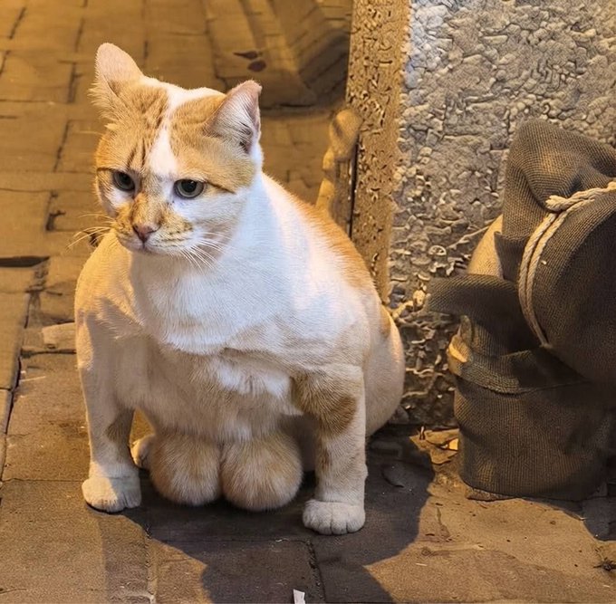 An orange and white cat sits attentively on a paved street at night, positioned next to a stone pillar and a pair of canvas shoes.