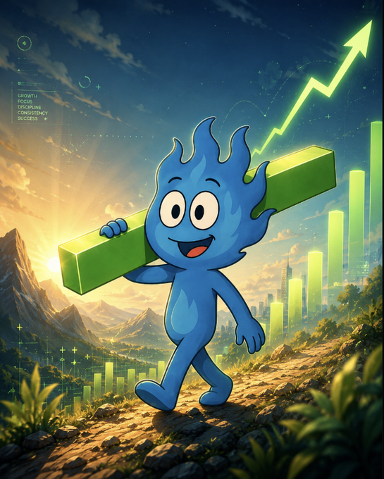 A cheerful blue flame-like cartoon character carries a large green bar across a path toward a rising upward arrow and glowing city skyline, with small text reading "GROWTH, FOCUS, DISCIPLINE, CONSISTENCY, SUCCESS" in the upper left. The image visually symbolizes ambitious upward momentum and disciplined growth, aligning with the post's request for someone to "shill" the next promising investment "gem."