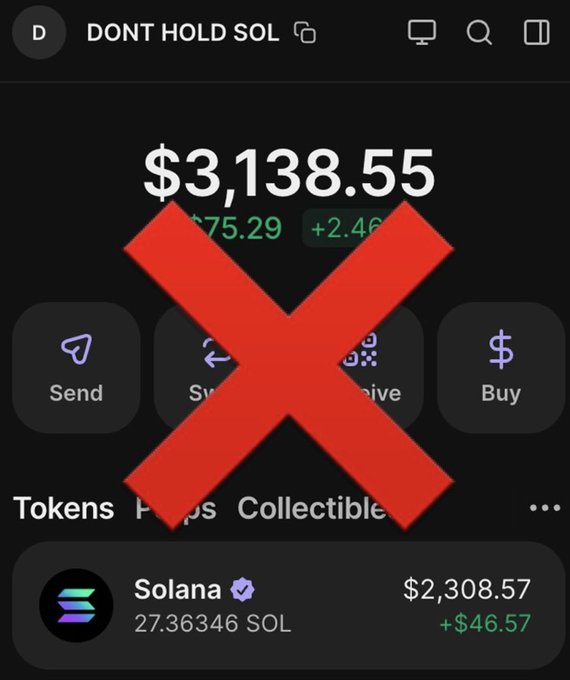 Screenshot of a Phantom wallet showing a $3,138.55 balance with a large red X overlaid, indicating advice against holding SOL despite Solana being valued at $2,308.57.